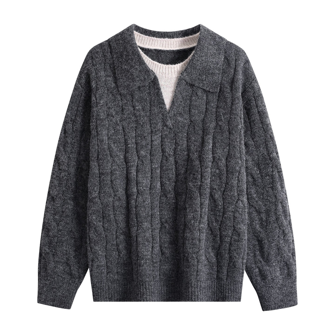 Damen Oversize Grobstrick-Pullover mit Polokragen und Zopfmuster Drune