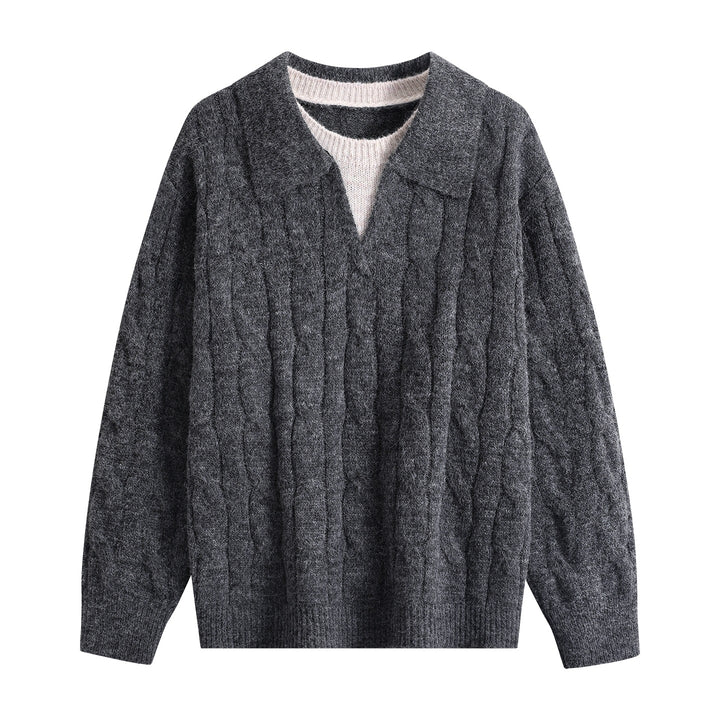 Damen Oversize Grobstrick-Pullover mit Polokragen und Zopfmuster Drune