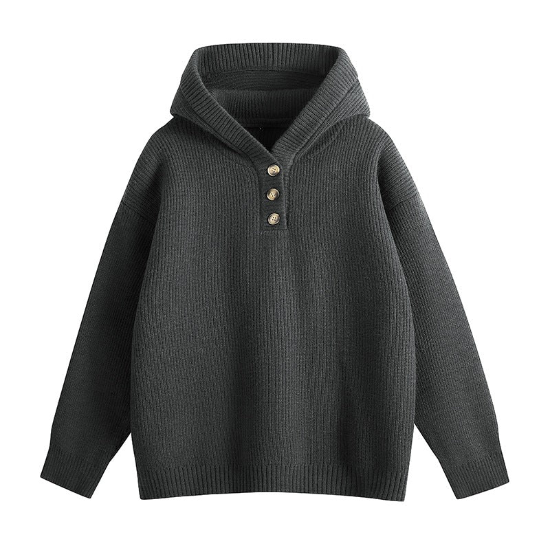 Damen Relaxed Kapuzenpullover aus geripptem Strick mit Halbsteg-Knopfleiste Drune