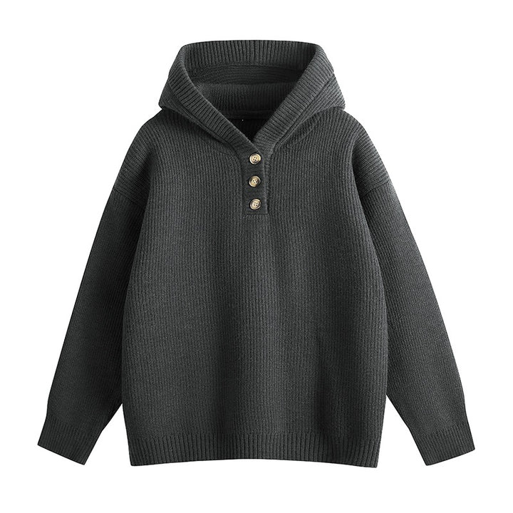 Damen Relaxed Kapuzenpullover aus geripptem Strick mit Halbsteg-Knopfleiste Drune
