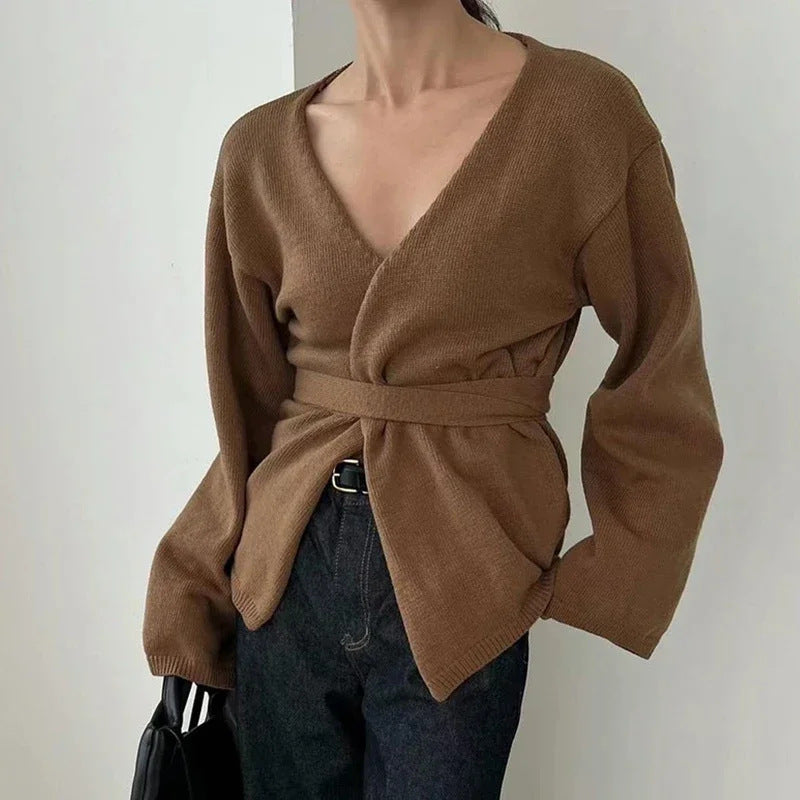 Damen Eleganter Strickmantel mit Wickeldesign Drune