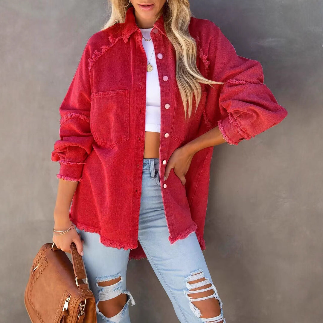 Damen nan oversized Hemdjacke im Used‑Look mit ausgefransten Kanten und aufgesetzten Pattentaschen Drune