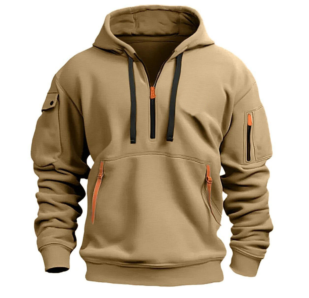 Herren nan funktionaler Kapuzenpullover mit halbem Reißverschluss, verschließbaren Taschen und Ärmel-Tasche Drune