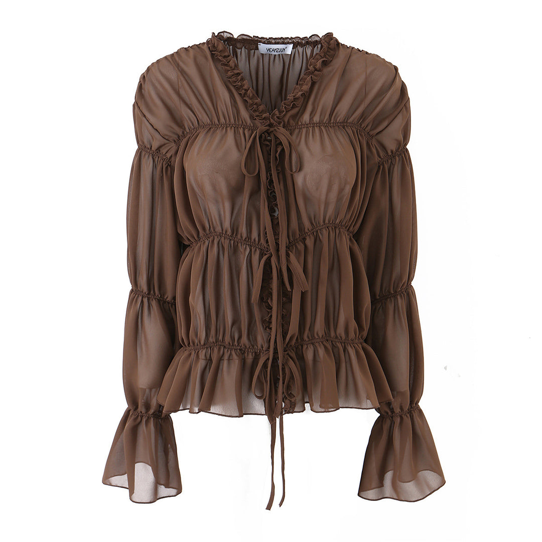 Damen Chiffon-Bluse mit Rüschen, Kordelzug und geraffter Taillenoptik Drune