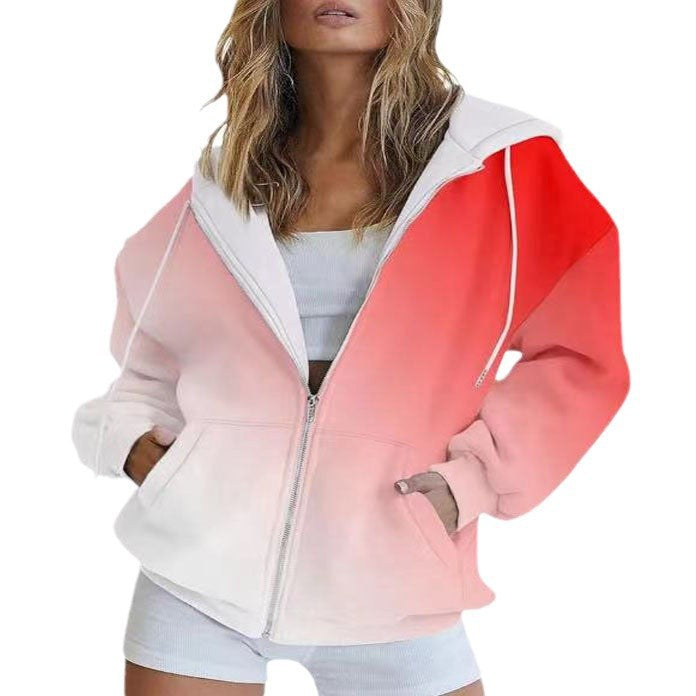 Damen Oversize-Kapuzenjacke mit Farbverlauf, Reißverschluss und Kängurutaschen Drune