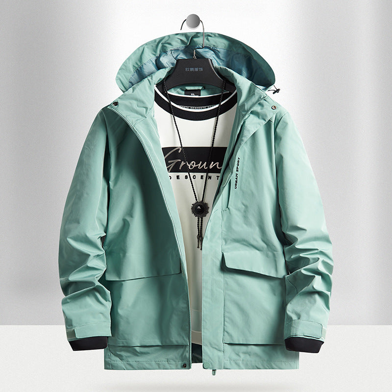 Herren wasserdichte Stadt-Outdoorjacke mit Kapuze, verdecktem Reißverschluss und Cargo-Taschen Drune