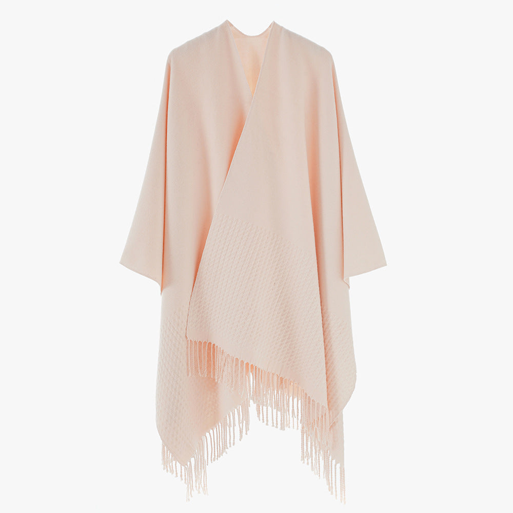 Damen Minimalistischer Wollmix-Capeponcho mit V‑Ausschnitt und Fransen Drune