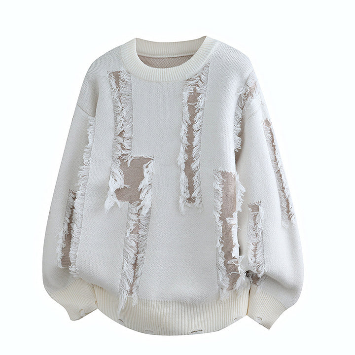 Herren Oversize Strickpullover mit Fransenapplikationen und Balloonärmeln Drune