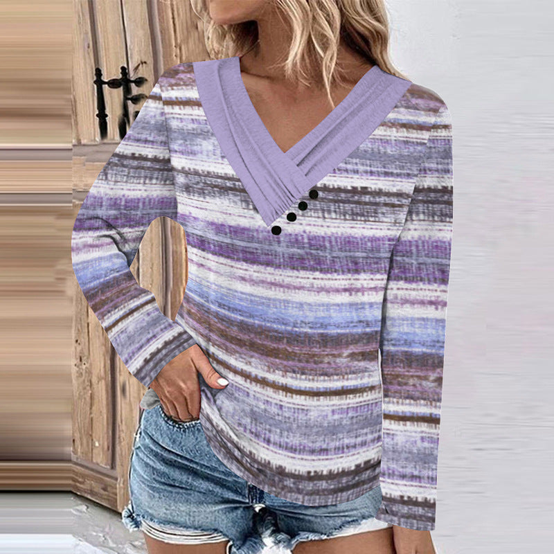 Damen Gerippter V-Ausschnitt Pullover mit Farbverlauf, Zierknöpfen und legerer Passform Drune