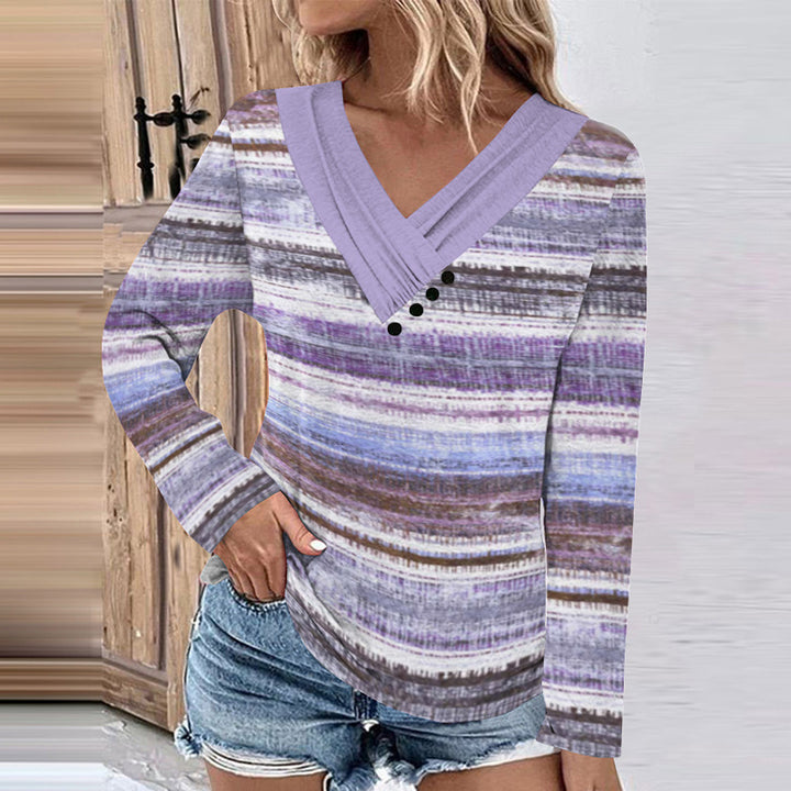 Damen Gerippter V-Ausschnitt Pullover mit Farbverlauf, Zierknöpfen und legerer Passform Drune