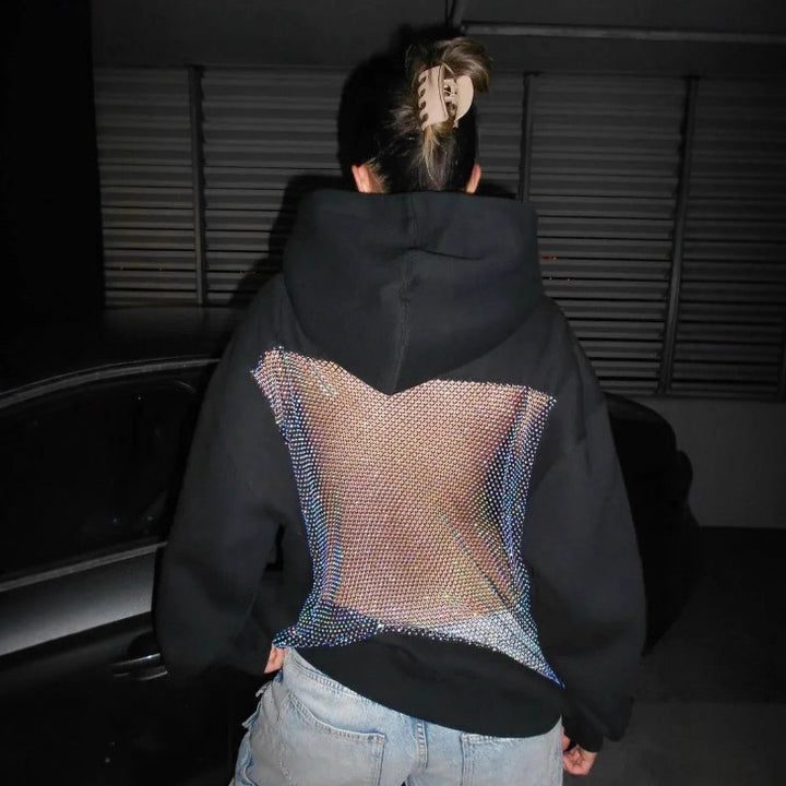 Damen Hoodie mit glitzerndem Mesh-Rückenapplikation Drune