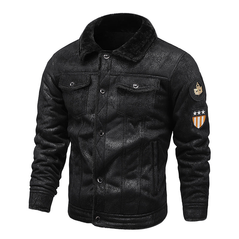 Herren Fliegerjacke aus Kunstleder mit Teddyfell-Futter und Aufnäher Drune