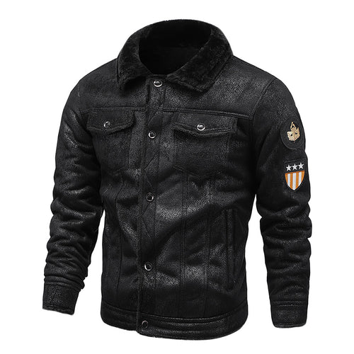 Herren Fliegerjacke aus Kunstleder mit Teddyfell-Futter und Aufnäher Drune