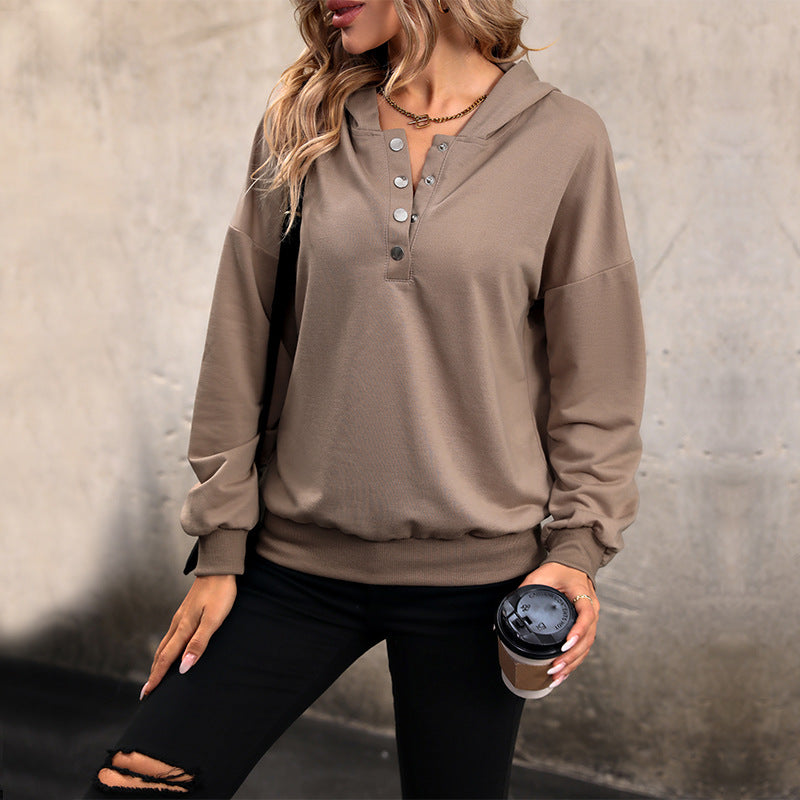 Damen Lässiges Kapuzen-Henley-Sweatshirt mit Druckknopfleiste und Gummizug-Saum Drune
