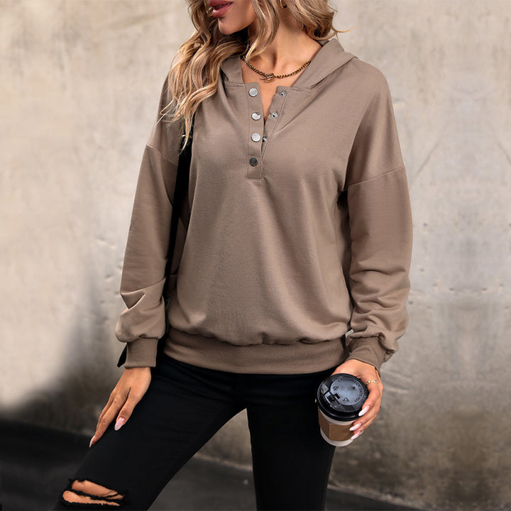 Damen Lässiges Kapuzen-Henley-Sweatshirt mit Druckknopfleiste und Gummizug-Saum Drune