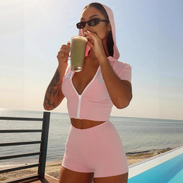 Damen sportliches Zweiteiliges Set mit Kapuzenoberteil und kurzen Shorts Drune