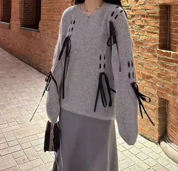 Damen kuscheliger Strickpullover mit eleganten Schleifenachsen Drune