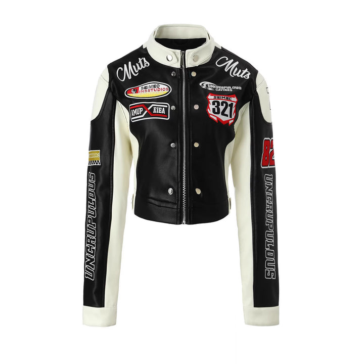 Damen Trendige Bikerjacke mit aufgestickten Patches Drune