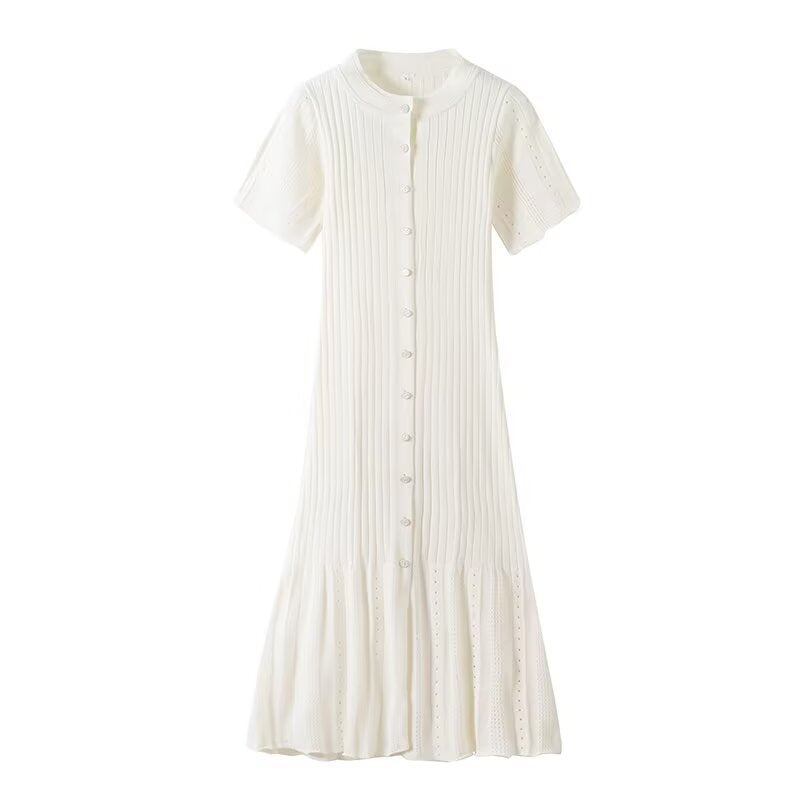 Damen knielanges Strickkleid mit eingeprägtem Muster und Knopfleiste Drune