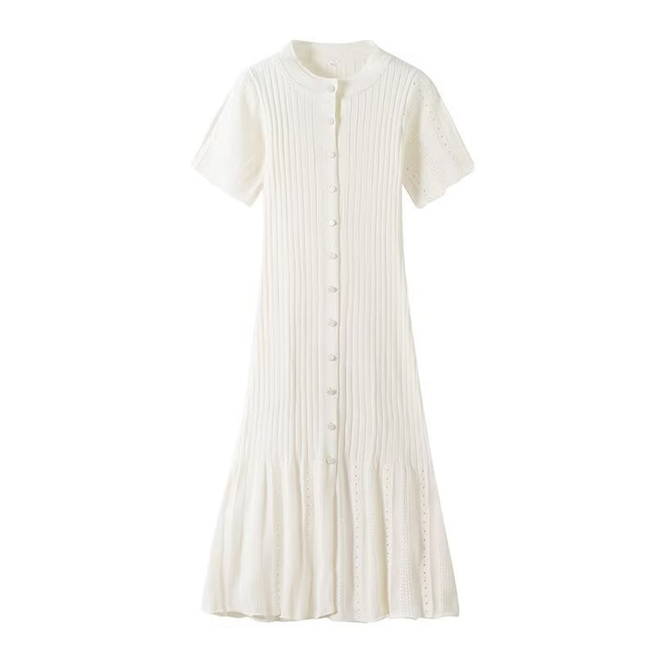 Damen knielanges Strickkleid mit eingeprägtem Muster und Knopfleiste Drune
