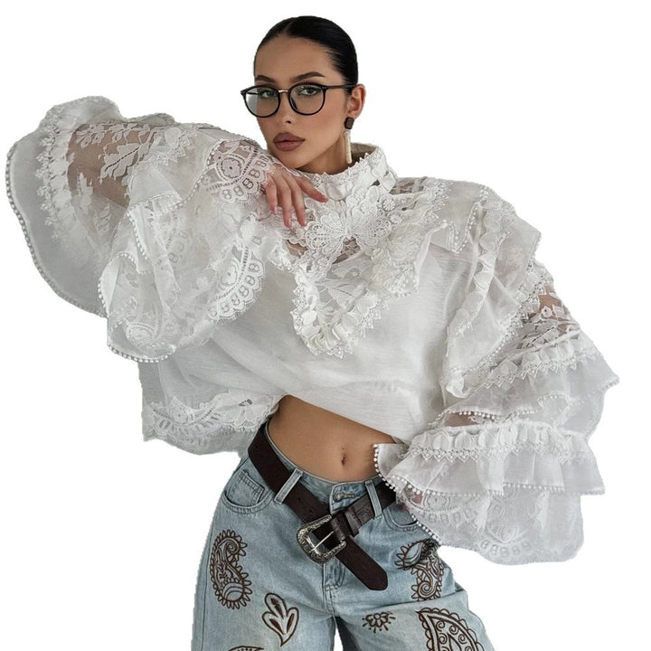 Damen Transparente Spitzenbluse mit Volant-Ärmeln und hohem Stehkragen Drune