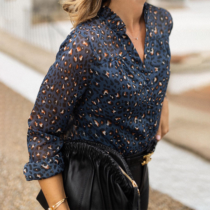 Damen Bluse mit modischem Leopardenmuster und exklusivem Rüschenkragen Drune