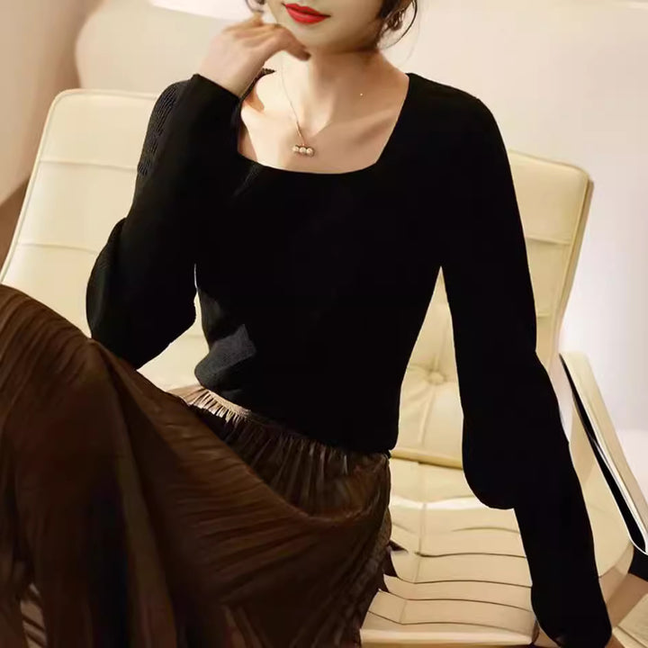 Damen eleganter Strickpullover mit schickem Quadrat-Ausschnitt und weitem Schnitt Drune