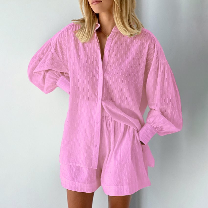 Damen lässiges Oversized Hemd mit Struktur und kurzen Hosen Drune