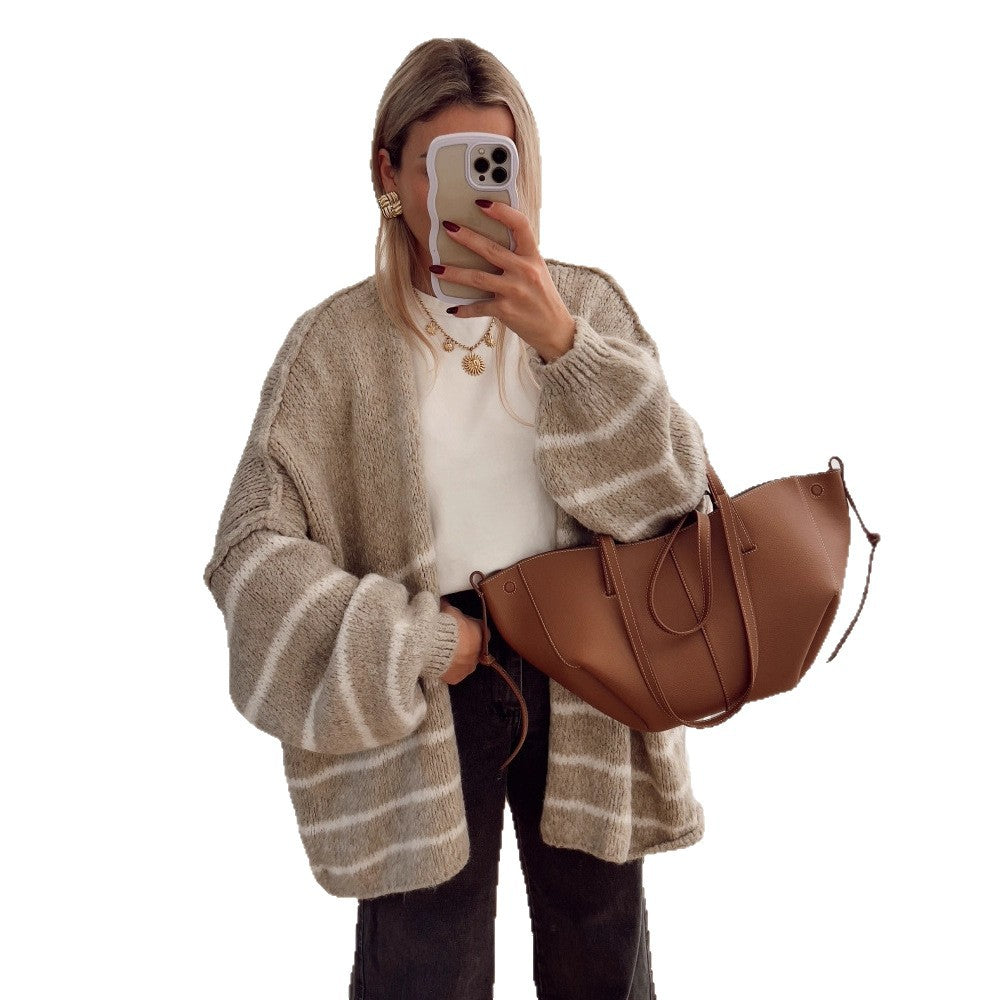 Damen Oversize Strickjacke mit gestreiftem Design und voluminösen Ärmeln Drune