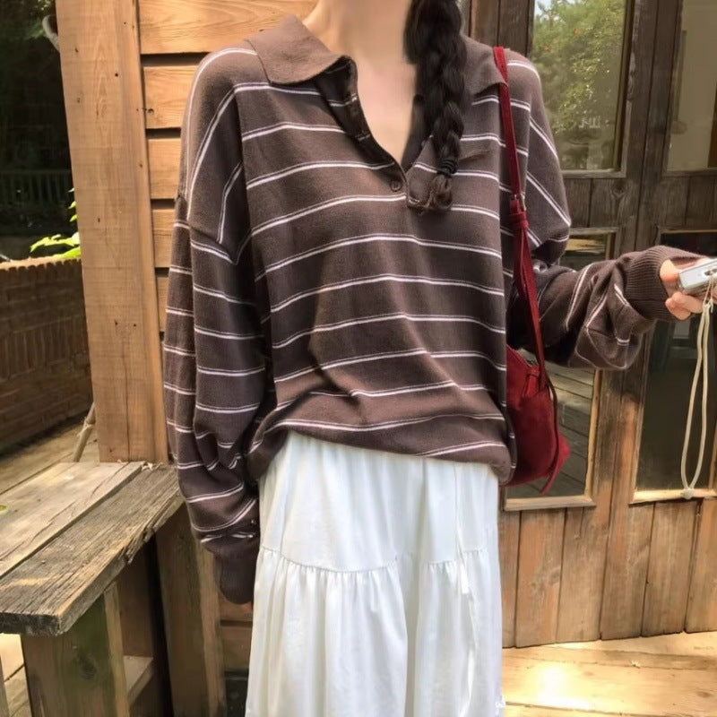 Damen Oversize-Polokragen-Strickpullover mit Streifen und halber Knopfleiste Drune
