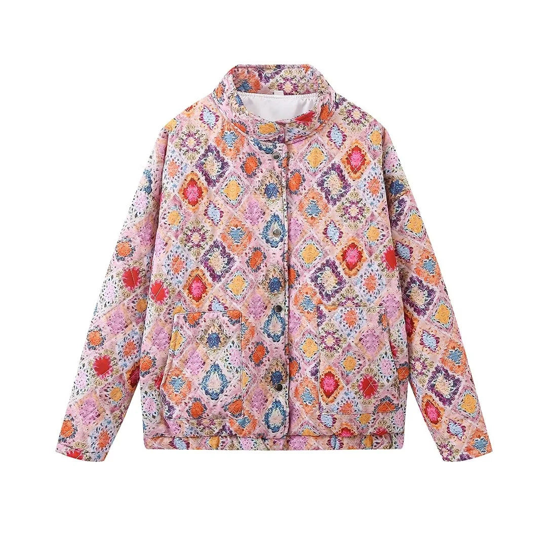 Damen gestepptes Overshirt mit buntem Muster und praktischen Taschen Drune