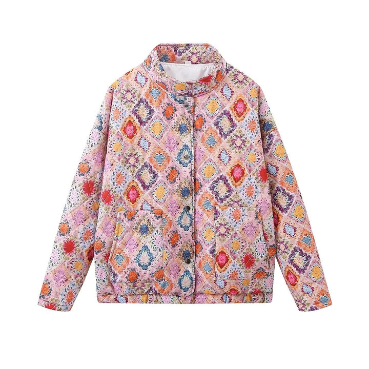 Damen gestepptes Overshirt mit buntem Muster und praktischen Taschen Drune
