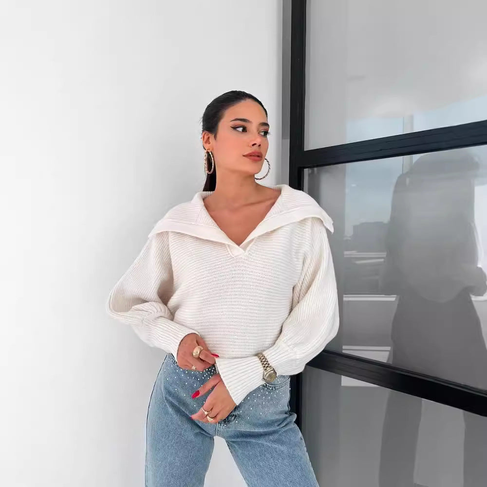 Damen Oversize Rippsweater mit Reverskragen und tiefem V‑Ausschnitt Drune