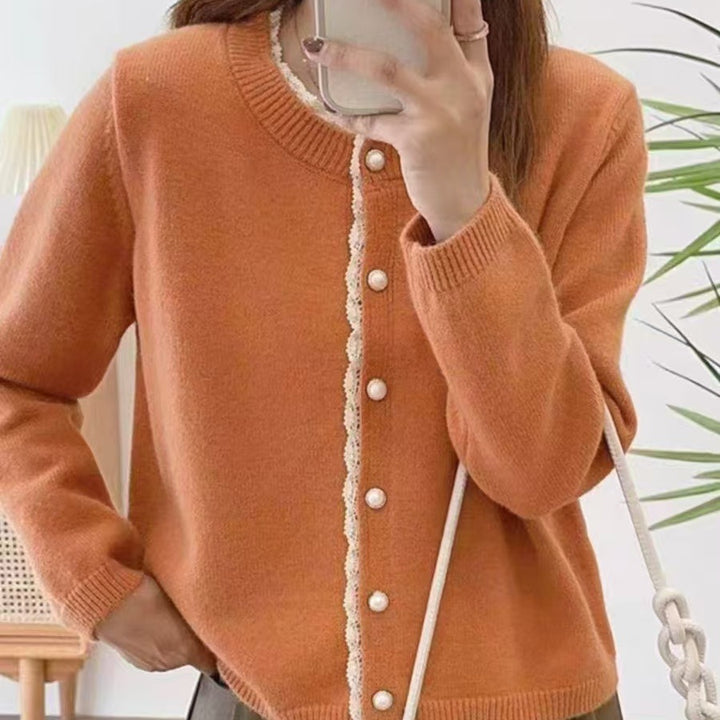 Damen Flauschiger Strickcardigan mit Spitzenverzierung Drune