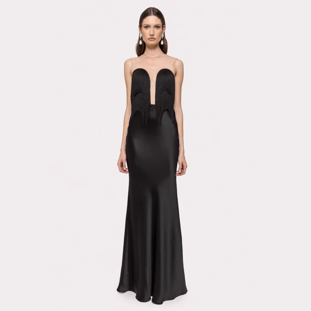 Damen Langärmliges Maxikleid mit tiefem V-Ausschnitt und fransierten Details Drune