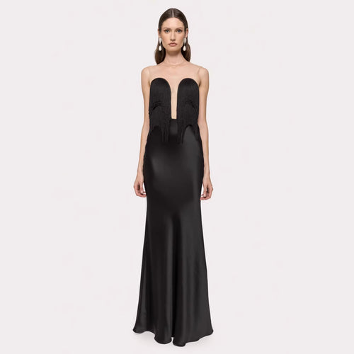 Damen Langärmliges Maxikleid mit tiefem V-Ausschnitt und fransierten Details Drune