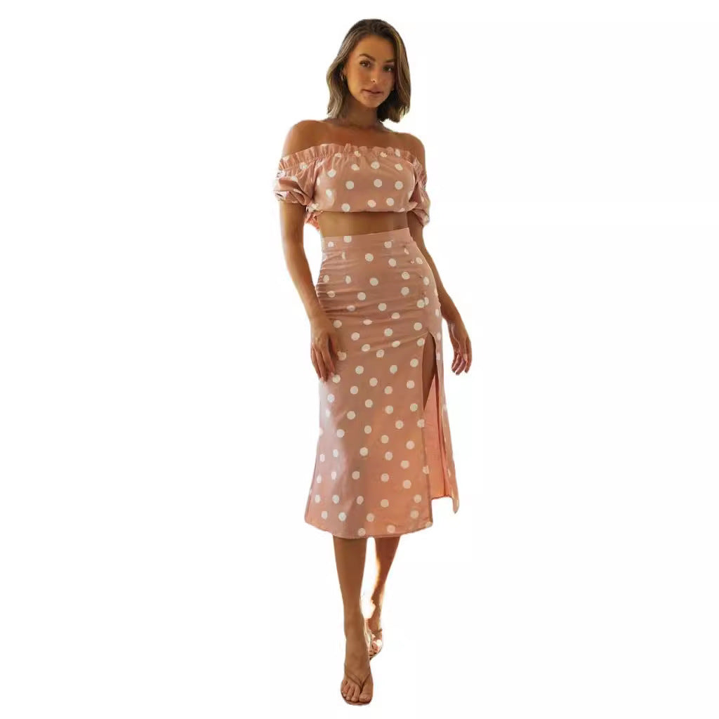 Damen Off-Shoulder Crop-Top und Rock Set mit Polka-Dots Drune