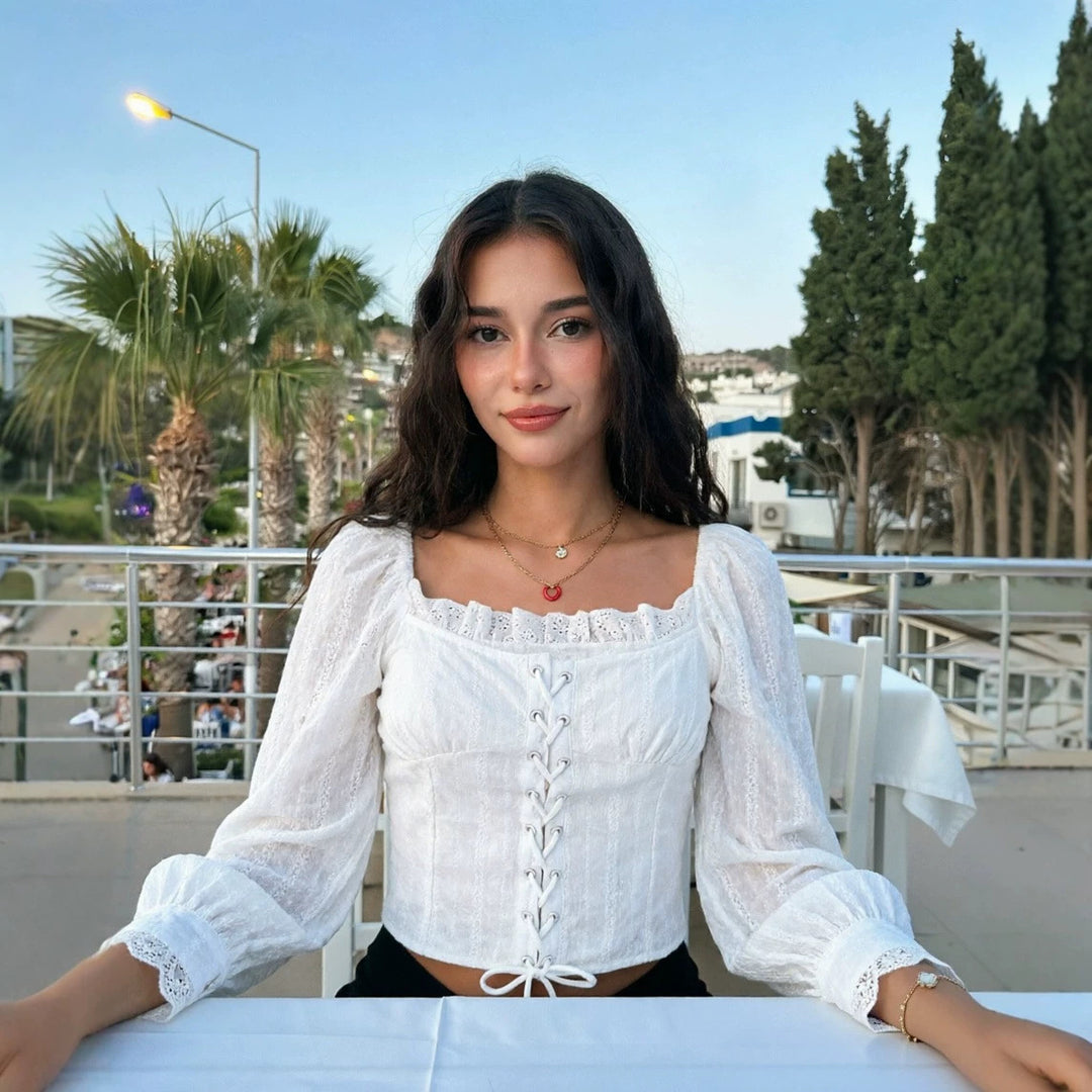 Damen Corsagen-Top im Broderie‑Look mit Schnürung und Puffärmeln Drune