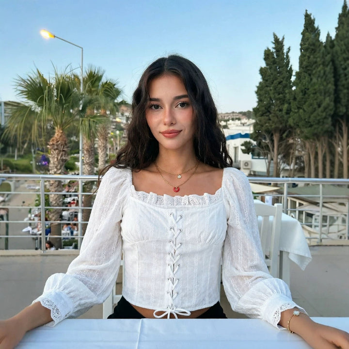 Damen Corsagen-Top im Broderie‑Look mit Schnürung und Puffärmeln Drune