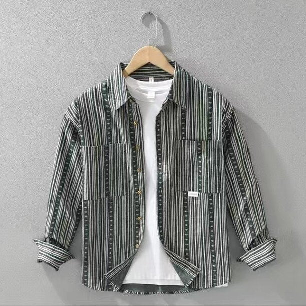 Herren Overshirt im lässigen Worker-Stil mit vertikalem Streifenmuster und aufgesetzten Taschen Drune