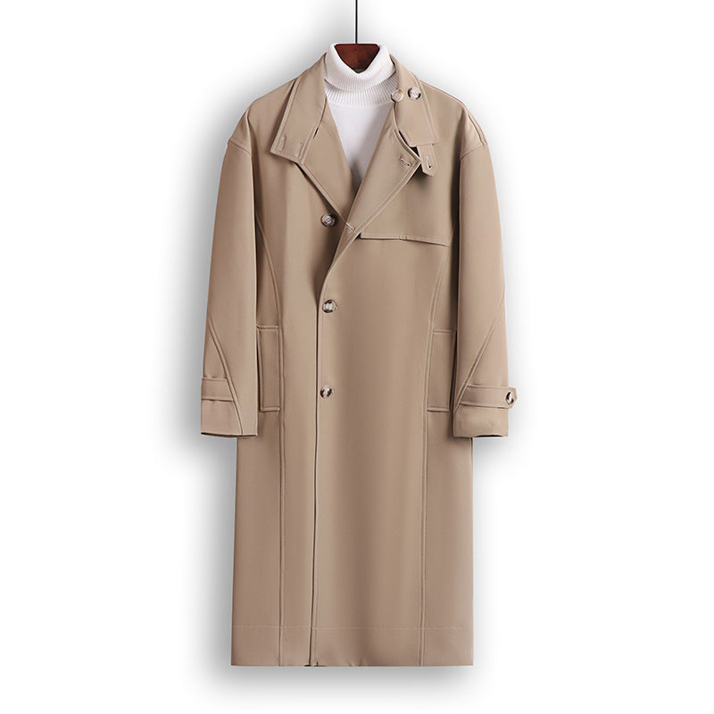 Herren Langgeschnittener Minimalistischer Trenchcoat mit Schalkragen und verstellbaren Ärmelriemen Drune