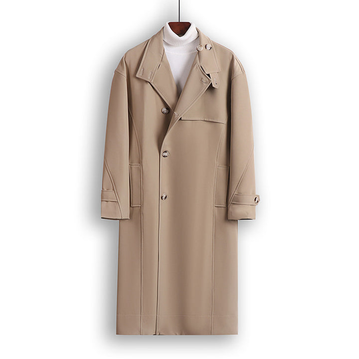 Herren Langgeschnittener Minimalistischer Trenchcoat mit Schalkragen und verstellbaren Ärmelriemen Drune
