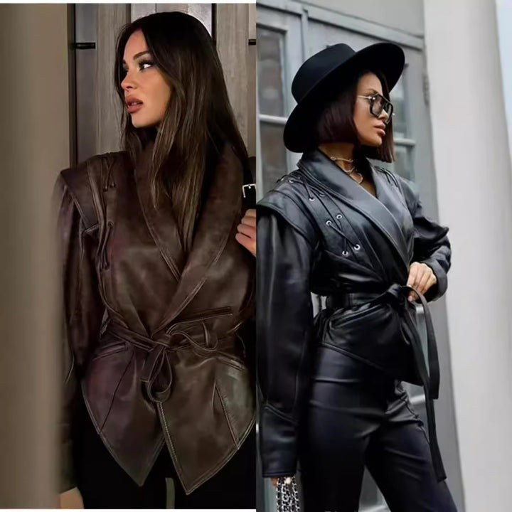 Damen nan taillierte Bindegürtel-Kunstlederjacke mit Schalkragen und Schnürdetails Drune