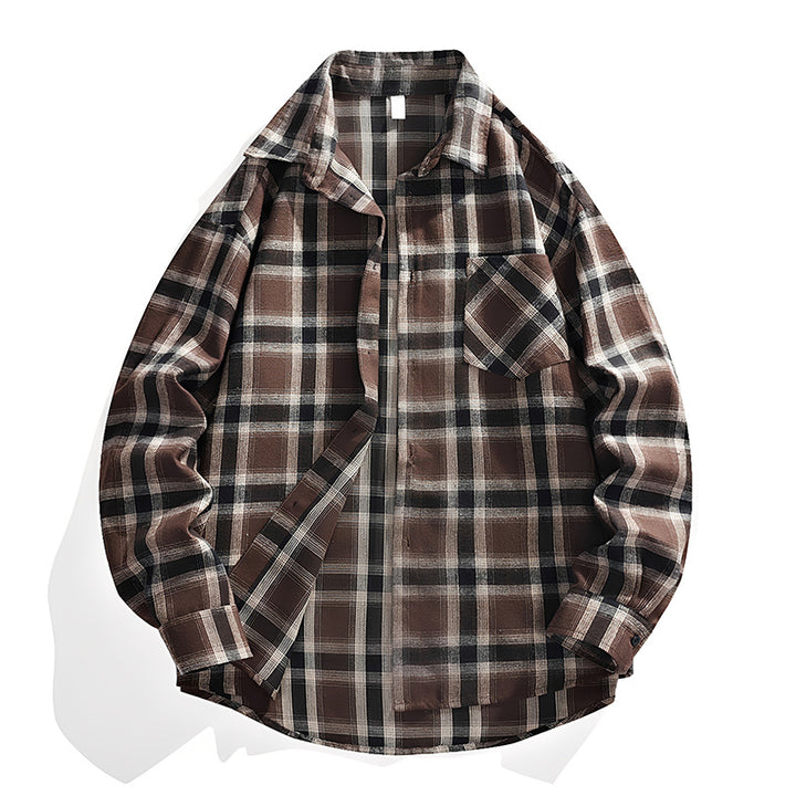 Herren Oversize karierte Flanellhemdjacke mit Brusttasche & abgerundetem Saum Drune