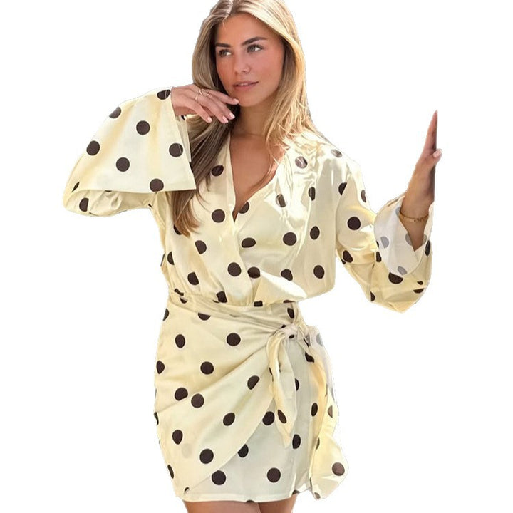 Damen Wickel-Minikleid mit V-Ausschnitt, Glockenärmeln und Polka-Dot-Print Drune
