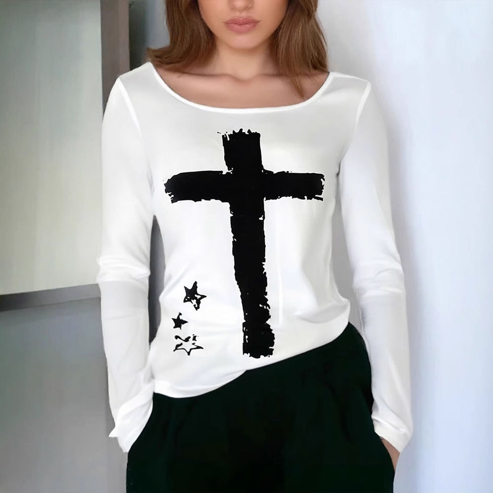 Damen Langarm-T-Shirt mit kreativem Motiv und Rundhalsausschnitt Drune