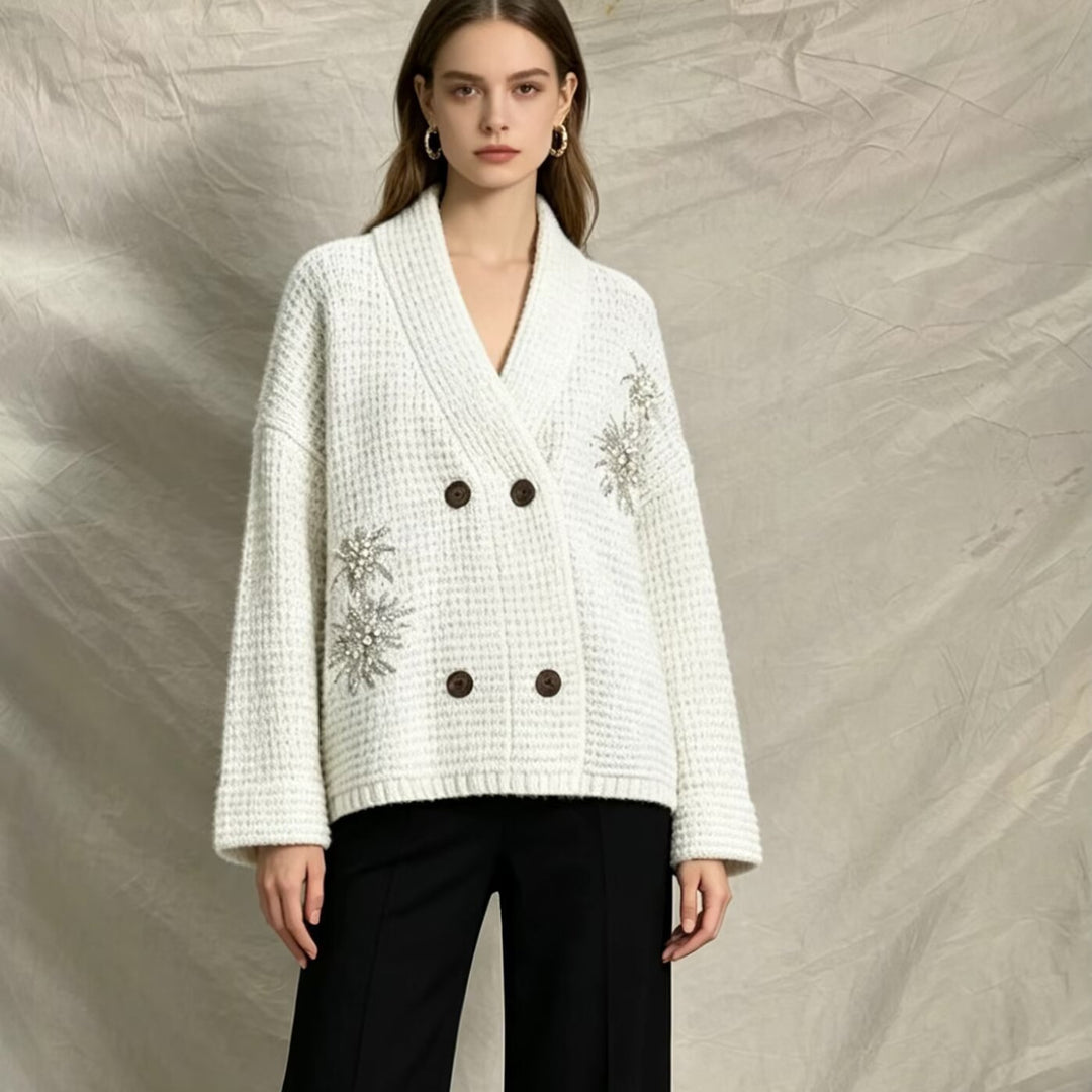 Damen Waffel-Strick-Cardigan mit doppelreihiger Knopfleiste und Schmuckapplikation Drune