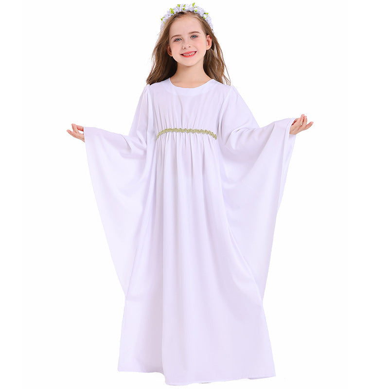 Mädchen märchenhaftes Kleid mit weitem Ärmeln und floralem Gürtel Drune
