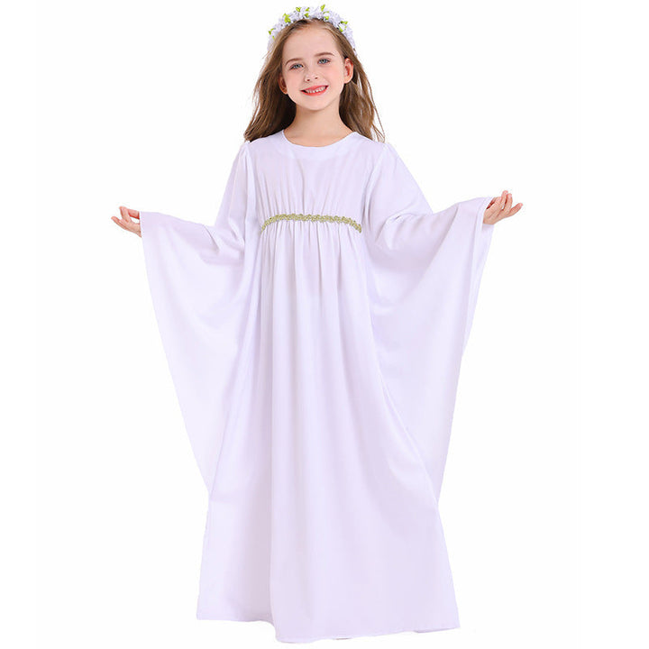Mädchen märchenhaftes Kleid mit weitem Ärmeln und floralem Gürtel Drune