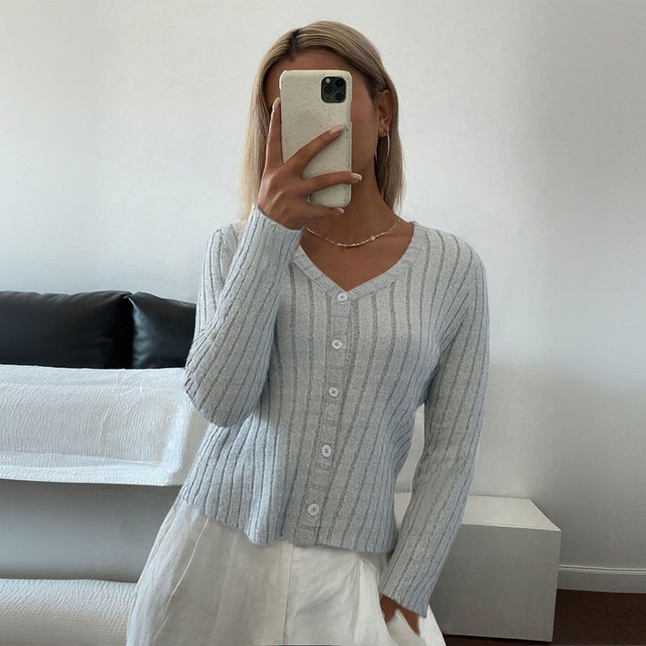 Damen gerippter taillierter V‑Ausschnitt Knopfcardigan Feinstrick Drune